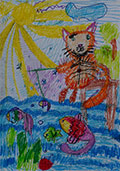 ‘Cat - fisherman’, Myroslava Sydorenko, 6 years old, (teacher V.V. Bondarenko), Kryvyi Rih